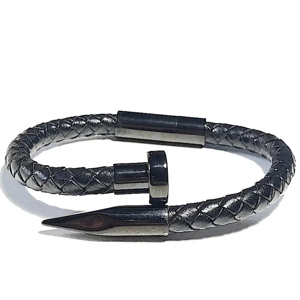 Black Leather Nail Magnetic Bracelet, Braided, Unisex